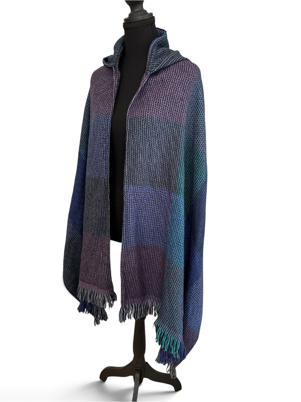 Multicolor Knit Hooded Wrap Shawl - Blues, Teal & Plum